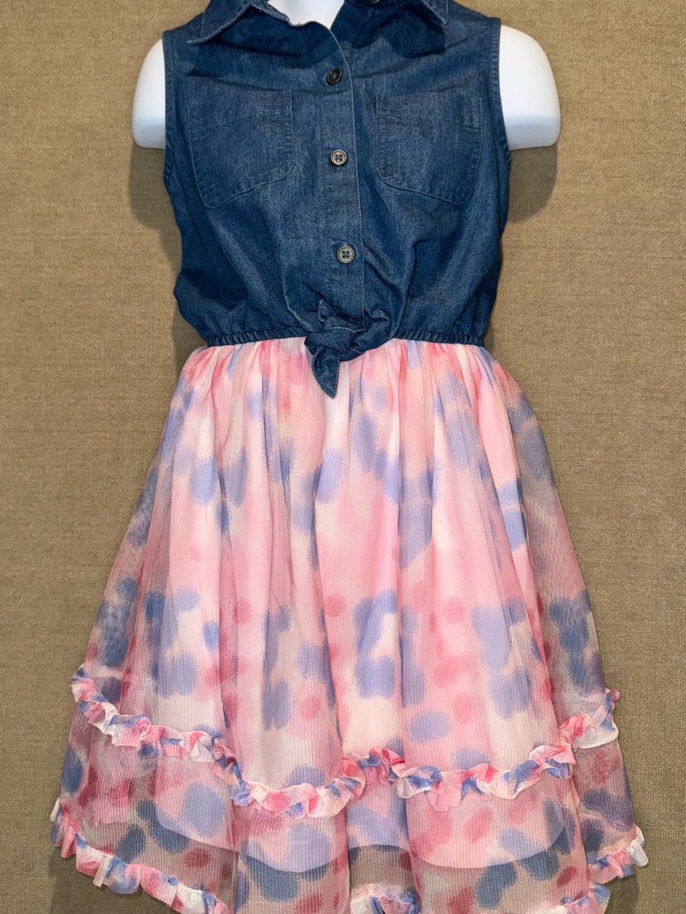 Girls Size 6X Sweet Butterfly Sleeveless Denim Top Tie-Front Tiered Mesh Dress